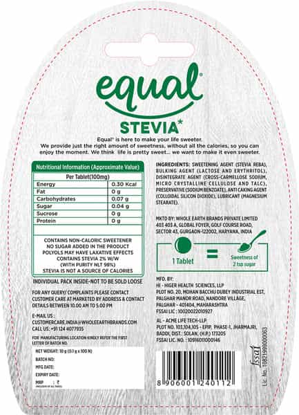 Equal Stevia Natural Sweetener Sugar Free 100 Tablets Pack Of 4