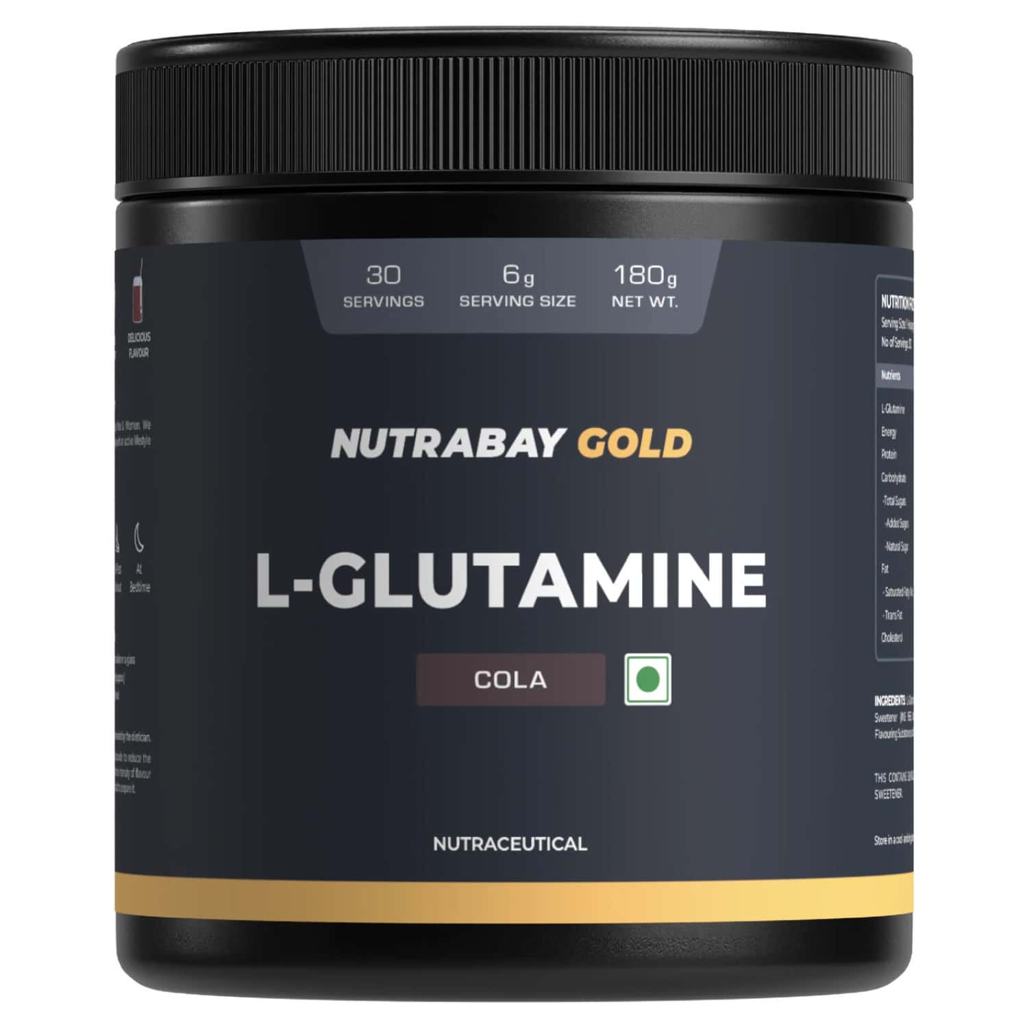 Nutrabay Gold L-glutamine Supplement Powder - 180g | Cola Flavor | Post Workout Amino Acid