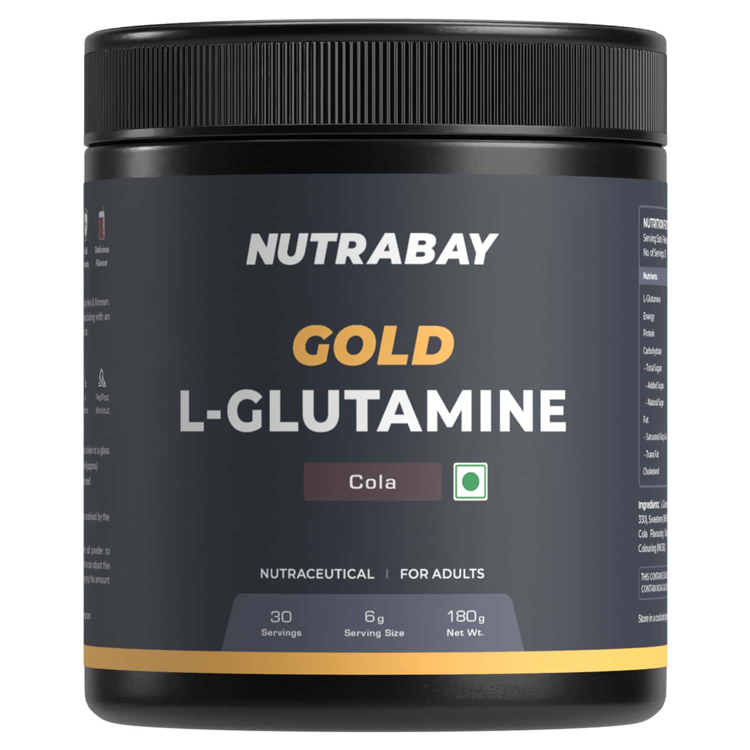 Nutrabay Gold L-glutamine Supplement Powder - 180g | Cola Flavor | Post Workout Amino Acid