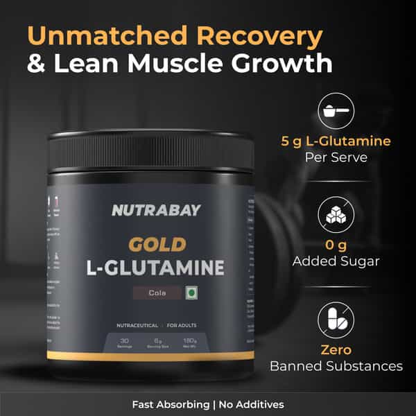 Nutrabay Gold L-Glutamine Supplement Powder - 180G | Cola Flavor | Post Workout Amino Acid
