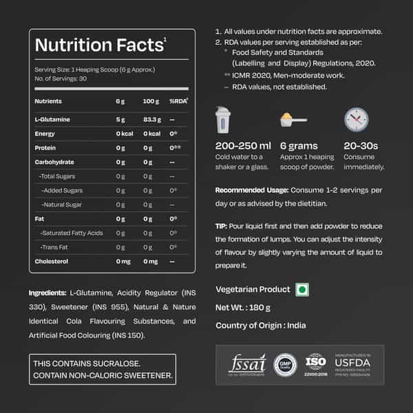 Nutrabay Gold L-Glutamine Supplement Powder - 180G | Cola Flavor | Post Workout Amino Acid