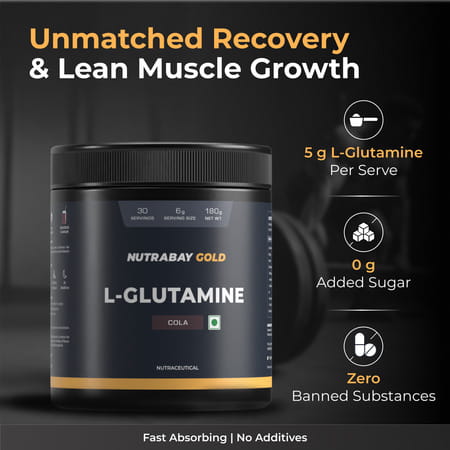 Nutrabay Gold L-Glutamine Supplement Powder - 180g | Cola Flavor | Post Workout Amino Acid