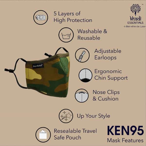 Khadi Essentials Pure&Safe 5 Layered Designer Reusable Washable Ken95 Face Mask Green (Pack Of 2)