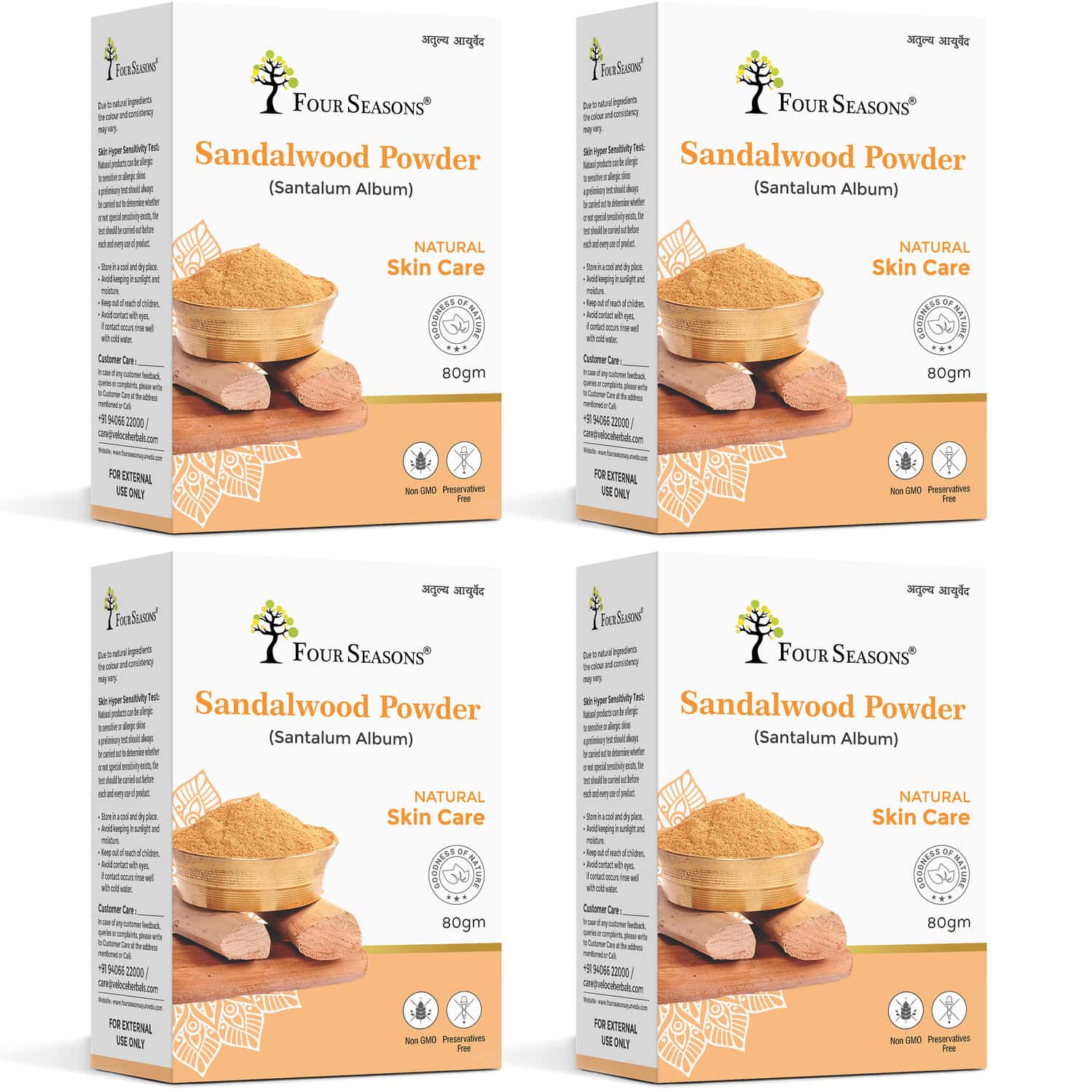 Four Seasons Sandalwood Powder (80gm) For Glowing Skin | Prevent Acne | Sunburn | Suntan (Pack Of 4)