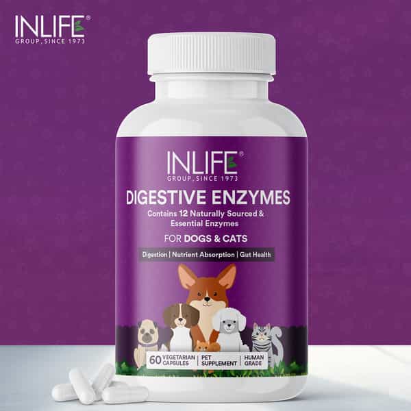 Inlife Digestive Enzymes For Dogs Cats And Pets | 12 Natural & Essential Enzymes - 60 Veg Capsules