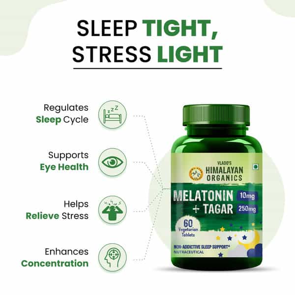 Vlado's Himalayan Organics Melatonin 10Mg + Tagar 250Mg Supplement - 60 Veg Tablets