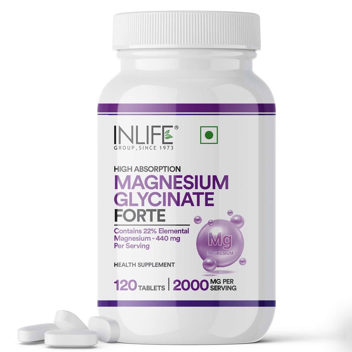 Inlife Chelated Magnesium Glycinate Supplement 2000mg Per Serving - 120 Tablets