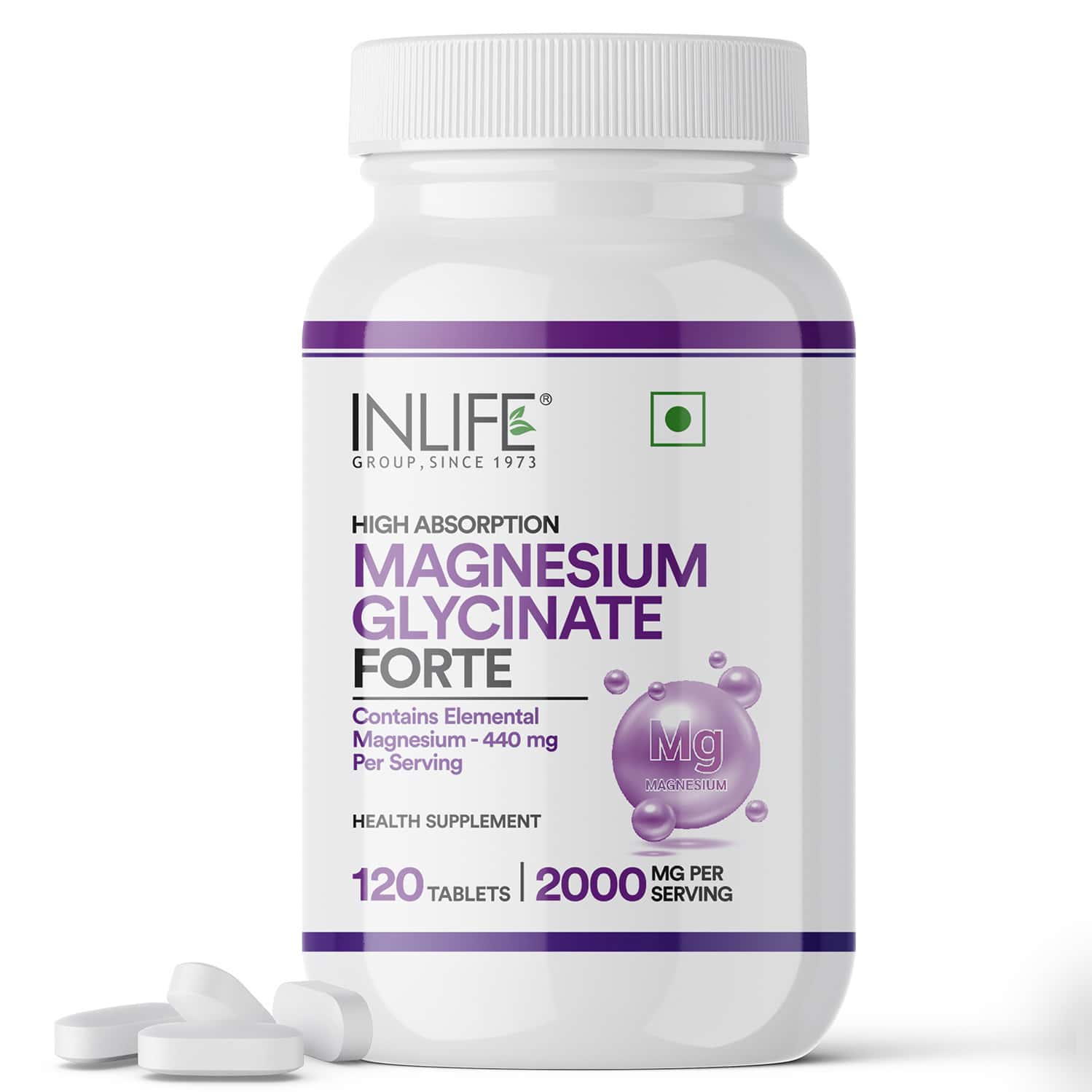 Inlife Chelated Magnesium Glycinate Supplement 2000mg Per Serving - 120 Tablets
