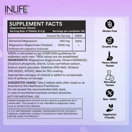 Inlife Chelated Magnesium Glycinate Supplement 2000mg Per Serving - 120 Tablets