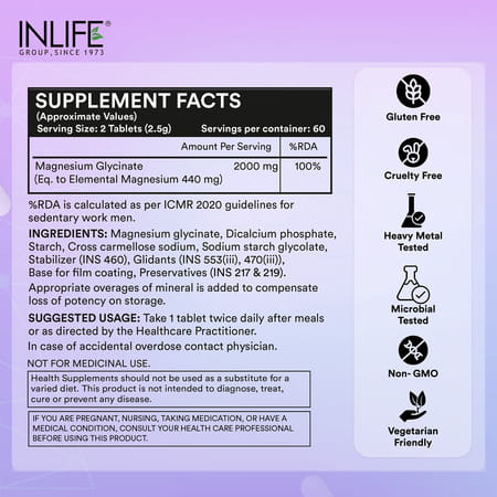 Inlife Chelated Magnesium Glycinate Supplement 2000mg Per Serving - 120 Tablets
