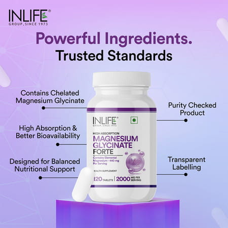 Inlife Magnesium Glycinate 2000Mg Chelated Forte | Bisglycinate Form | Men & Women - 120 Tablets
