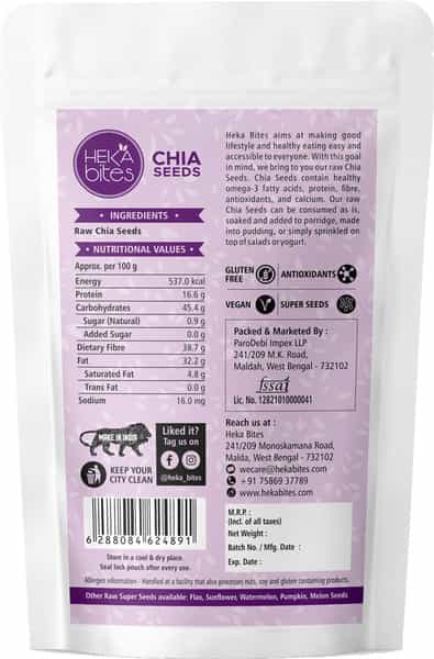 Heka Bites Premium Raw Chia Seeds - Pk Of 2|Weight Loss|Omega3&Calcium|Diabetic
