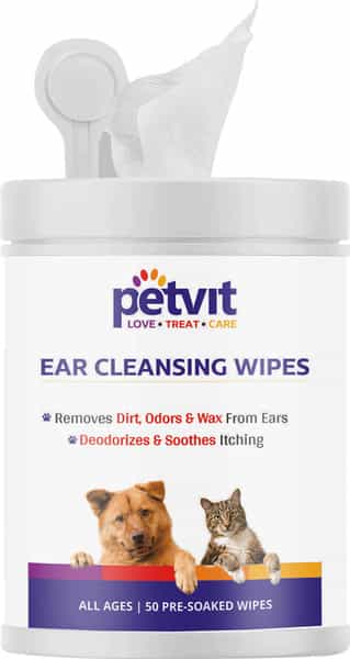 Petvit Ear Cleansing Wipes For Dogs And Cats To Remove Dirt Odors & Wax From Ears - 50 Wipes