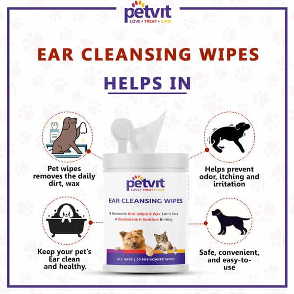 Petvit Ear Cleansing Wipes For Dogs And Cats To Remove Dirt Odors & Wax From Ears - 50 Wipes