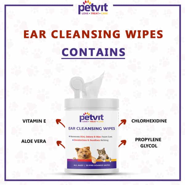 Petvit Ear Cleansing Wipes For Dogs And Cats To Remove Dirt Odors & Wax From Ears - 50 Wipes