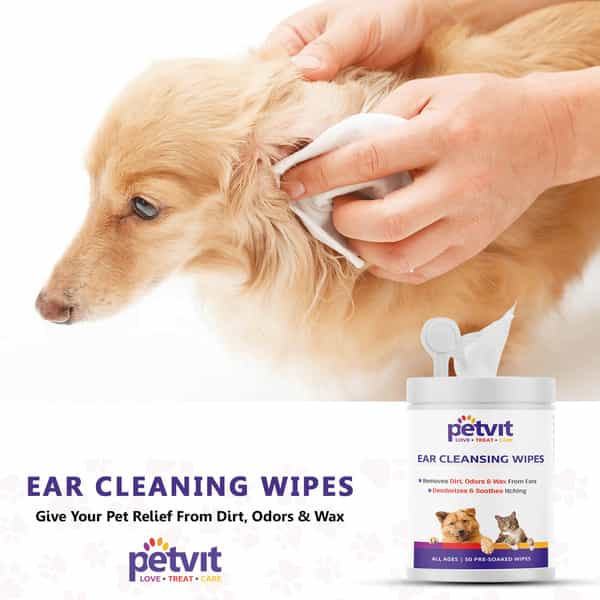 Petvit Ear Cleansing Wipes For Dogs And Cats To Remove Dirt Odors & Wax From Ears - 50 Wipes