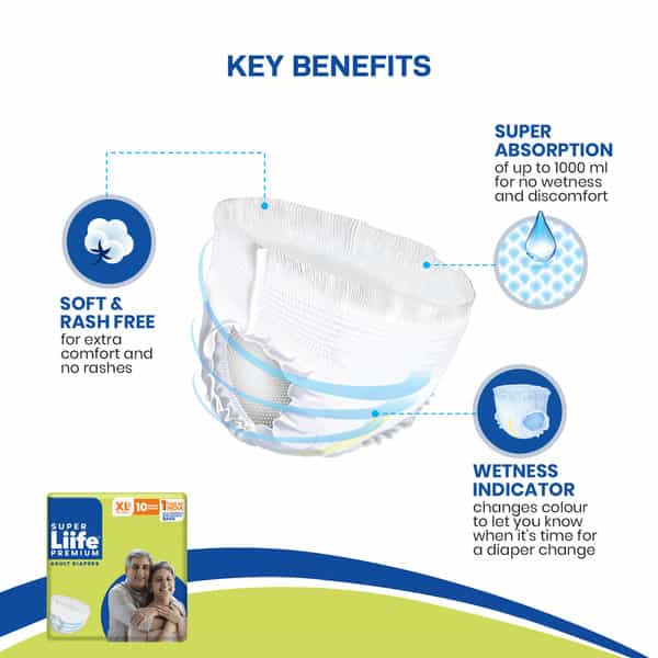 Super Liife Premium Soft & Rash Free With Wetness Indicator Pant Style Xl 10 Adult Diapers