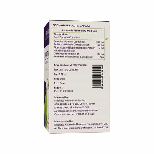 Siddhayu Spiruactiv Super Green Nutrition With Spirulina Bottle Of 30 Capsules