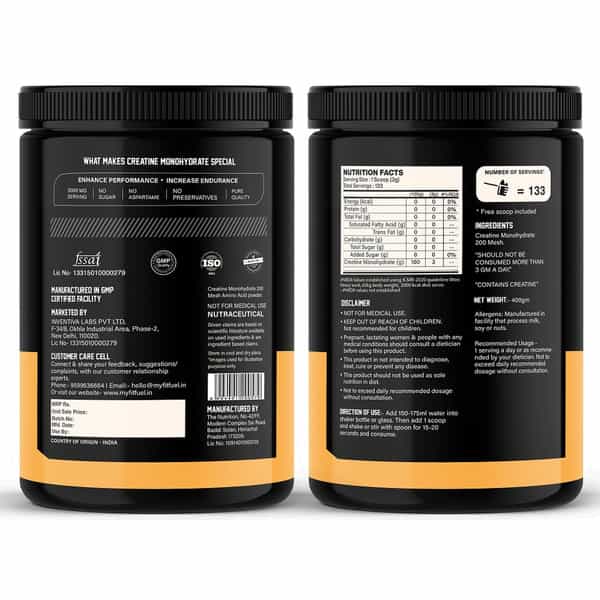 Myfitfuel Micronized Creatine Monohydrate (200 Mesh - Easily Absorbed By Body) | 400 G | Natural