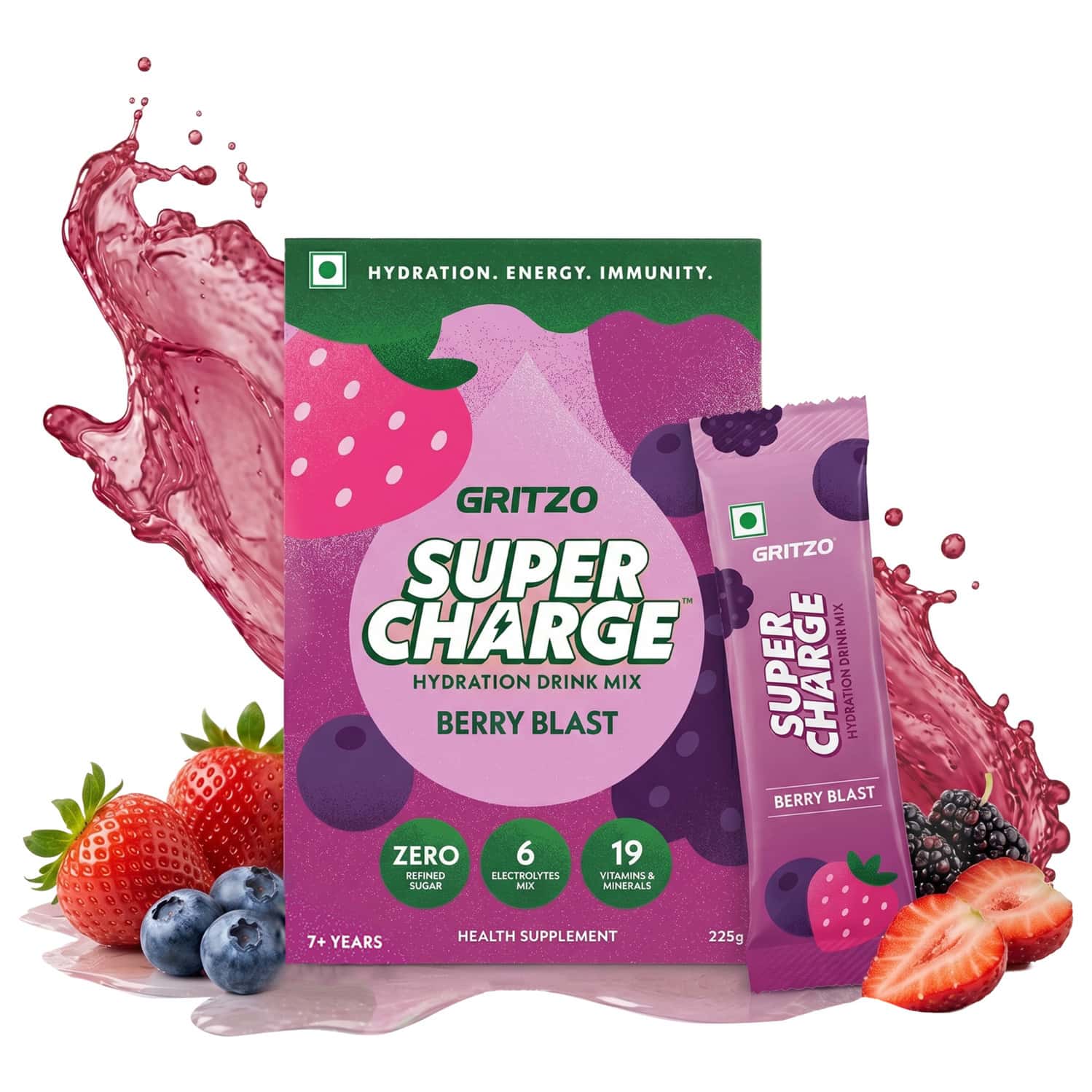Gritzo Supercharge Hydration Drink Mix (7+Y) Berry Blast| 15 Sachets (15g Each) | Zero Refined Sugar