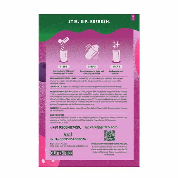 Gritzo Supercharge Hydration Drink Mix (7+Y) Berry Blast| 15 Sachets (15G Each) | Zero Refined Sugar