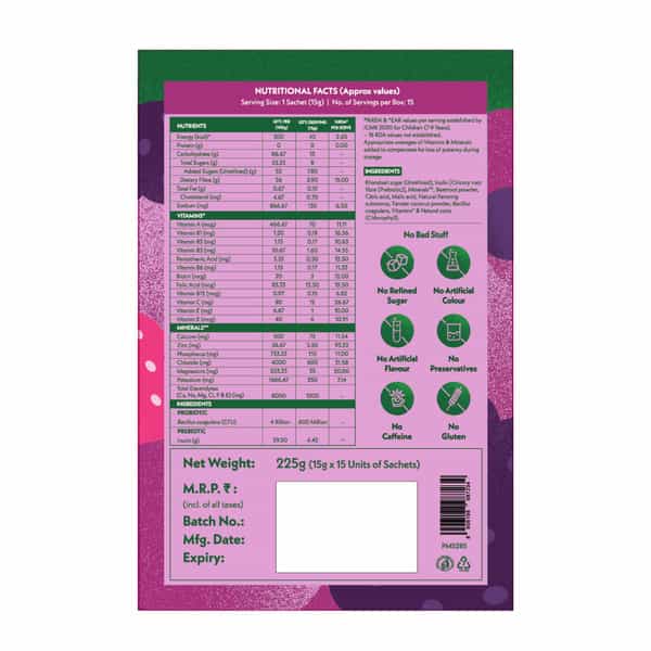 Gritzo Supercharge Hydration Drink Mix (7+Y) Berry Blast| 15 Sachets (15G Each) | Zero Refined Sugar