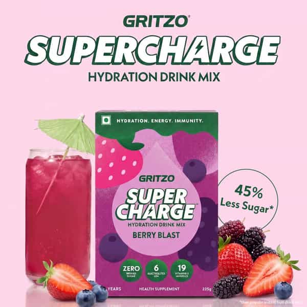 Gritzo Supercharge Hydration Drink Mix (7+Y) Berry Blast| 15 Sachets (15G Each) | Zero Refined Sugar