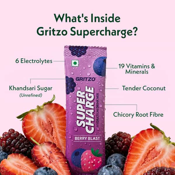Gritzo Supercharge Hydration Drink Mix (7+Y) Berry Blast| 15 Sachets (15G Each) | Zero Refined Sugar
