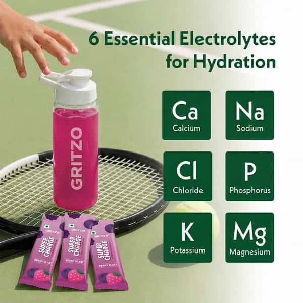 Gritzo Supercharge Hydration Drink Mix (7+Y) Berry Blast| 15 Sachets (15G Each) | Zero Refined Sugar