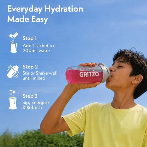 Gritzo Supercharge Hydration Drink Mix (7+Y) Berry Blast| 15 Sachets (15G Each) | Zero Refined Sugar