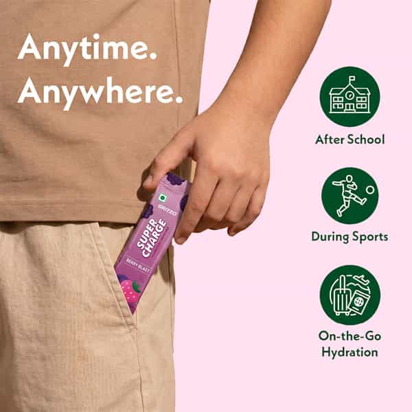 Gritzo Supercharge Hydration Drink Mix (7+Y) Berry Blast| 15 Sachets (15G Each) | Zero Refined Sugar