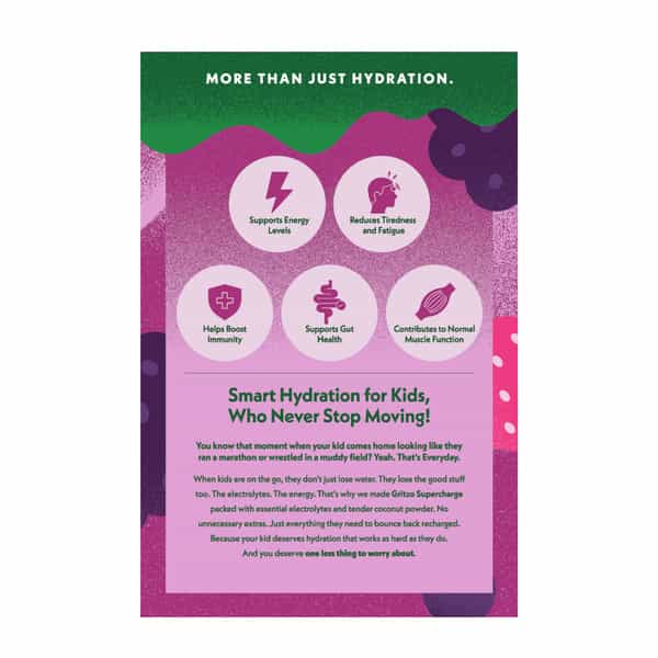 Gritzo Supercharge Hydration Drink Mix (7+Y) Berry Blast| 15 Sachets (15G Each) | Zero Refined Sugar
