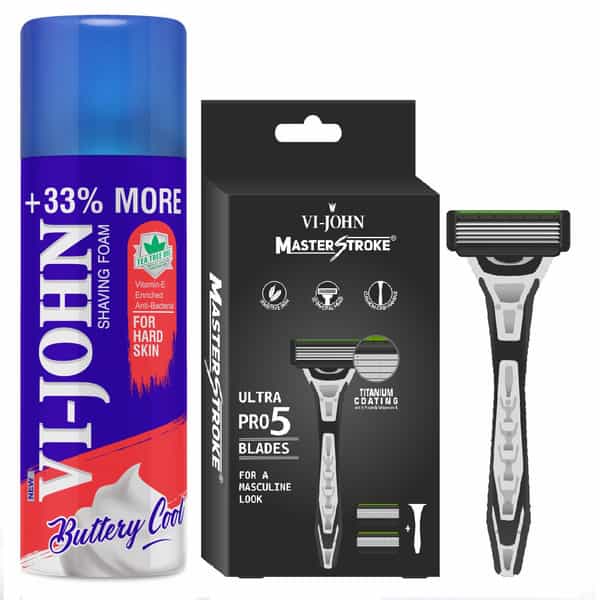 Vi-John Combo Pack Of Master Stroke 5 Blade Razor & Hard Skin Type Shaving Foam 400Ml