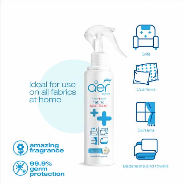 Godrej Aer Fabric Sanitizer Spray Aqua 99.9% Germ Protection Long Lasting Fragrance - 225Ml