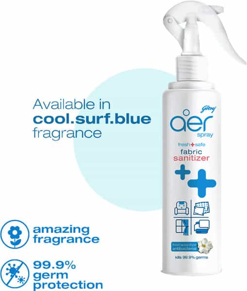 Godrej Aer Fabric Sanitizer Spray Aqua 99.9% Germ Protection Long Lasting Fragrance - 225Ml