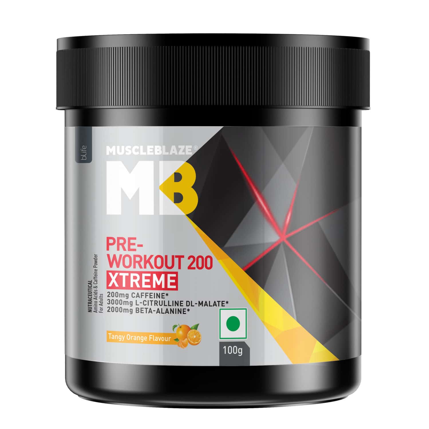 Muscleblaze Pre Workout 200 Xtreme (tangy Orange| 15 Servings| 100g) | 200mg Caffeine