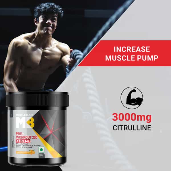 Muscleblaze Pre Workout 200 Xtreme (Tangy Orange| 15 Servings| 100G) | 200Mg Caffeine