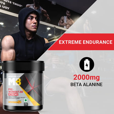 Muscleblaze Pre Workout 200 Xtreme (Tangy Orange| 15 Servings| 100g) | 200mg Caffeine