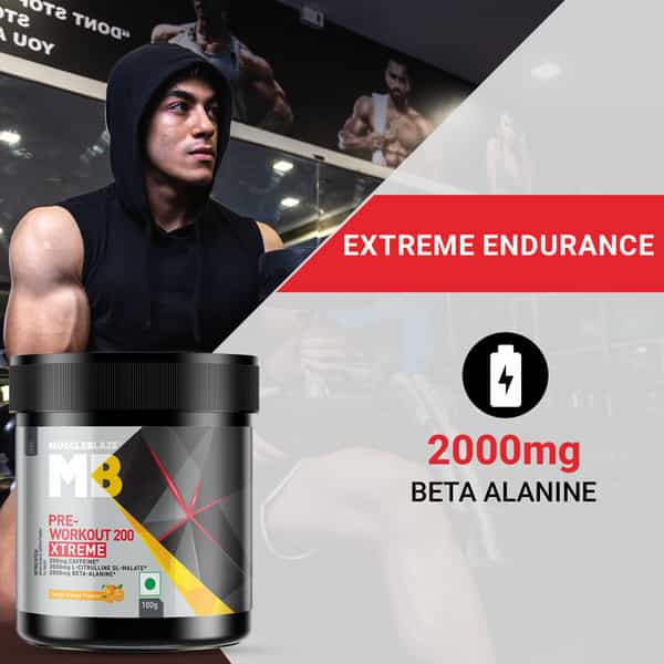 Muscleblaze Pre Workout 200 Xtreme (Tangy Orange| 15 Servings| 100G) | 200Mg Caffeine