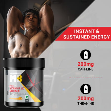 Muscleblaze Pre Workout 200 Xtreme (Tangy Orange| 15 Servings| 100g) | 200mg Caffeine
