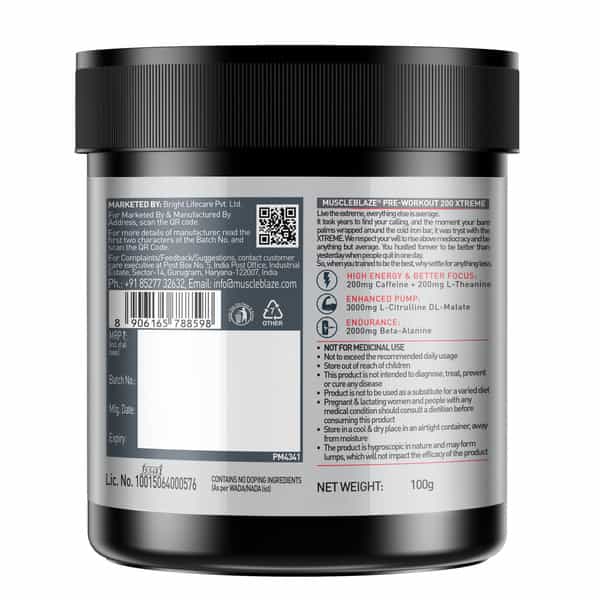 Muscleblaze Pre Workout 200 Xtreme (Tangy Orange| 15 Servings| 100G) | 200Mg Caffeine