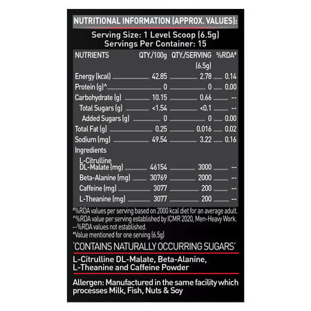 Muscleblaze Pre Workout 200 Xtreme (Tangy Orange| 15 Servings| 100g) | 200mg Caffeine