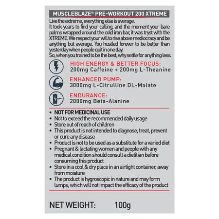 Muscleblaze Pre Workout 200 Xtreme (Tangy Orange| 15 Servings| 100g) | 200mg Caffeine