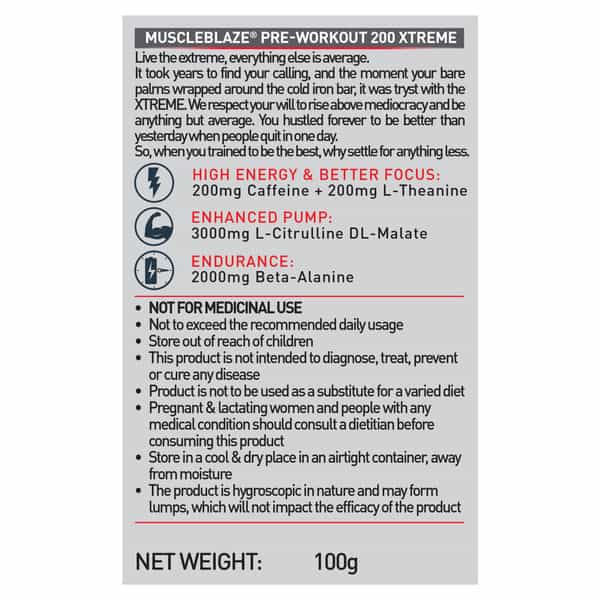 Muscleblaze Pre Workout 200 Xtreme (Tangy Orange| 15 Servings| 100G) | 200Mg Caffeine