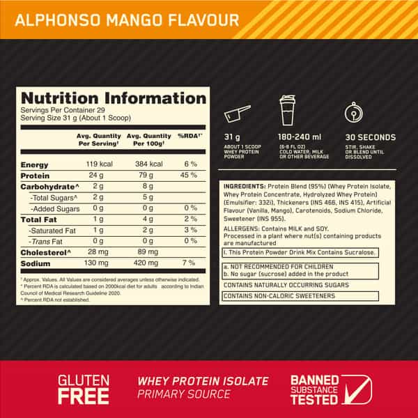 Optimum Nutrition (On) Gold Standard 100% Whey Protein Powder 2 Lb | 907G (Alphonso Mango)