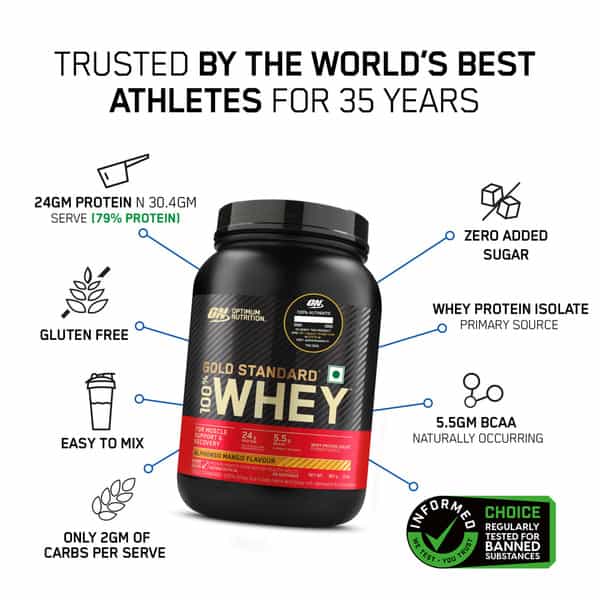 Optimum Nutrition (On) Gold Standard 100% Whey Protein Powder 2 Lb | 907G (Alphonso Mango)