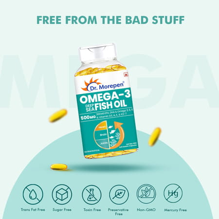 Dr. Morepen Omega 3 Deep Sea Fish Oil Capsules For Healthy Heart Brain & Joints - 60 Softgels