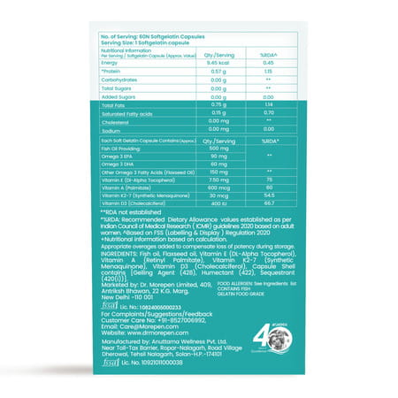 Dr. Morepen Omega 3 Deep Sea Fish Oil Capsules For Healthy Heart Brain & Joints - 60 Softgels