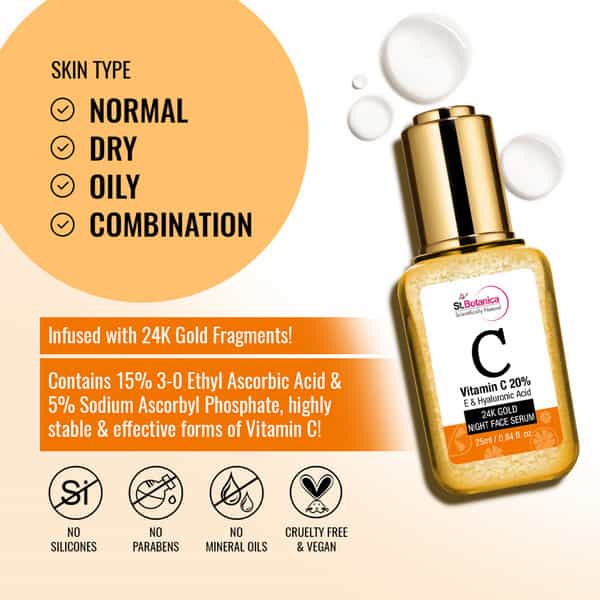 Stbotanica Vitamin C 20% | E & Hyaluronic Acid 24K Gold Night Face Serum - 25 Ml