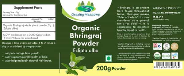 Grazing Meadows Organic Bhringraj Powder 200 Gmsfor Hair Growth Hair Health (Pack Of 4)